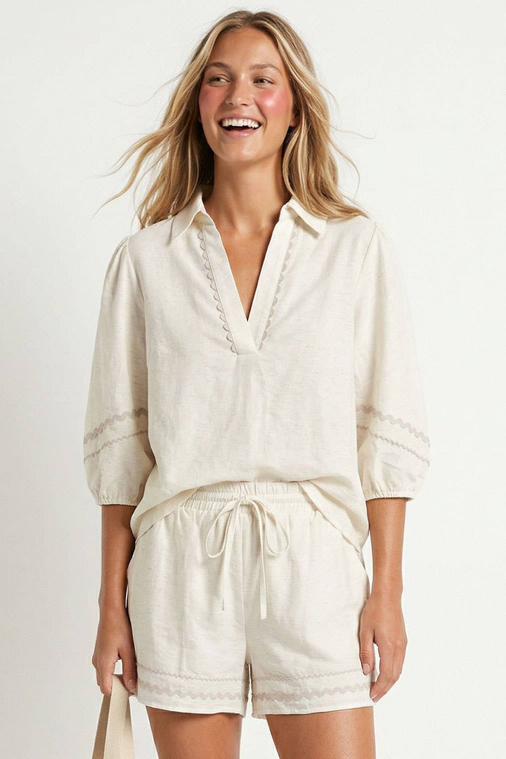 Puff Sleeve Linen Blouse: Red / S