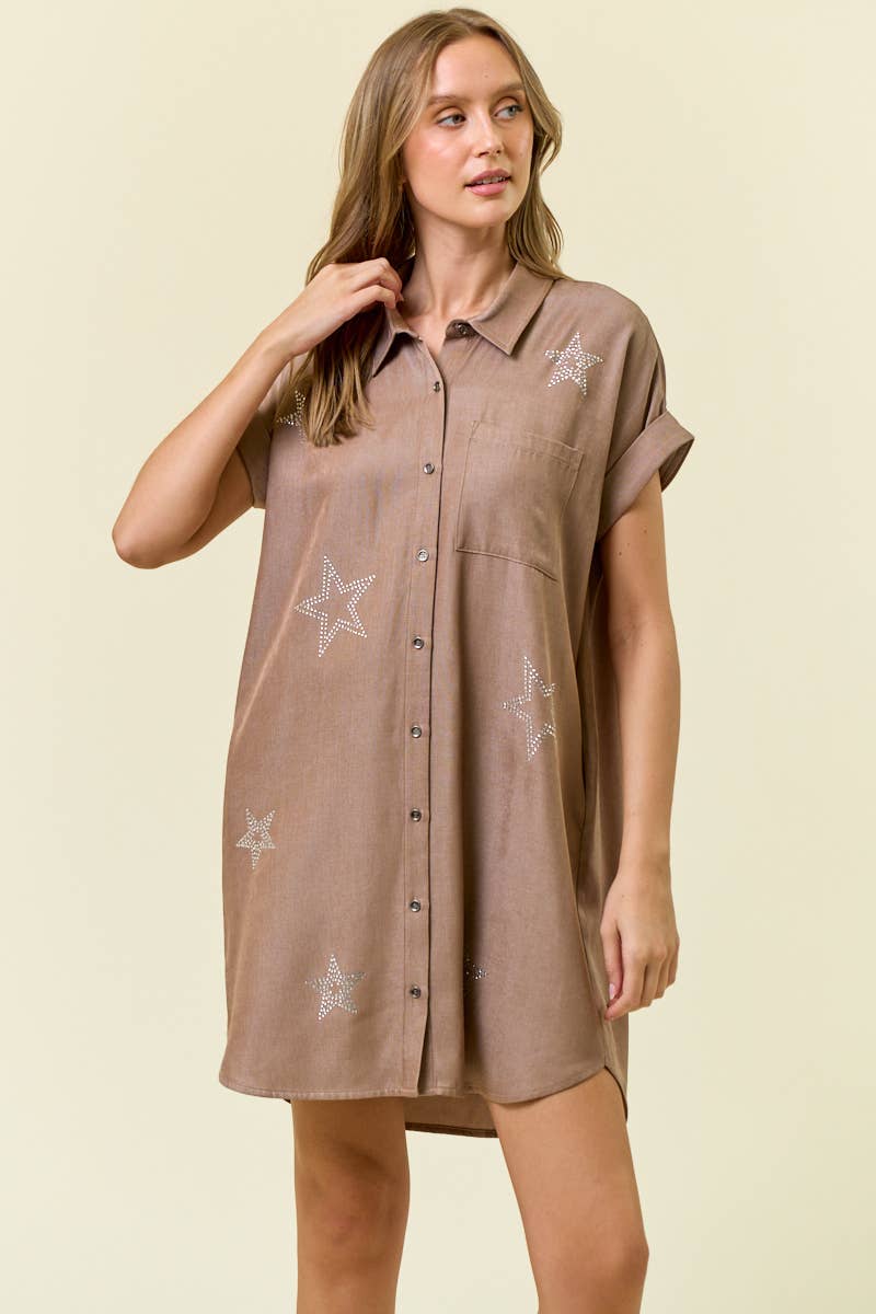 Doe and Rae - STAR STUDDED TENCEL SHIRT DRESS - 28102D: INDIGO / M