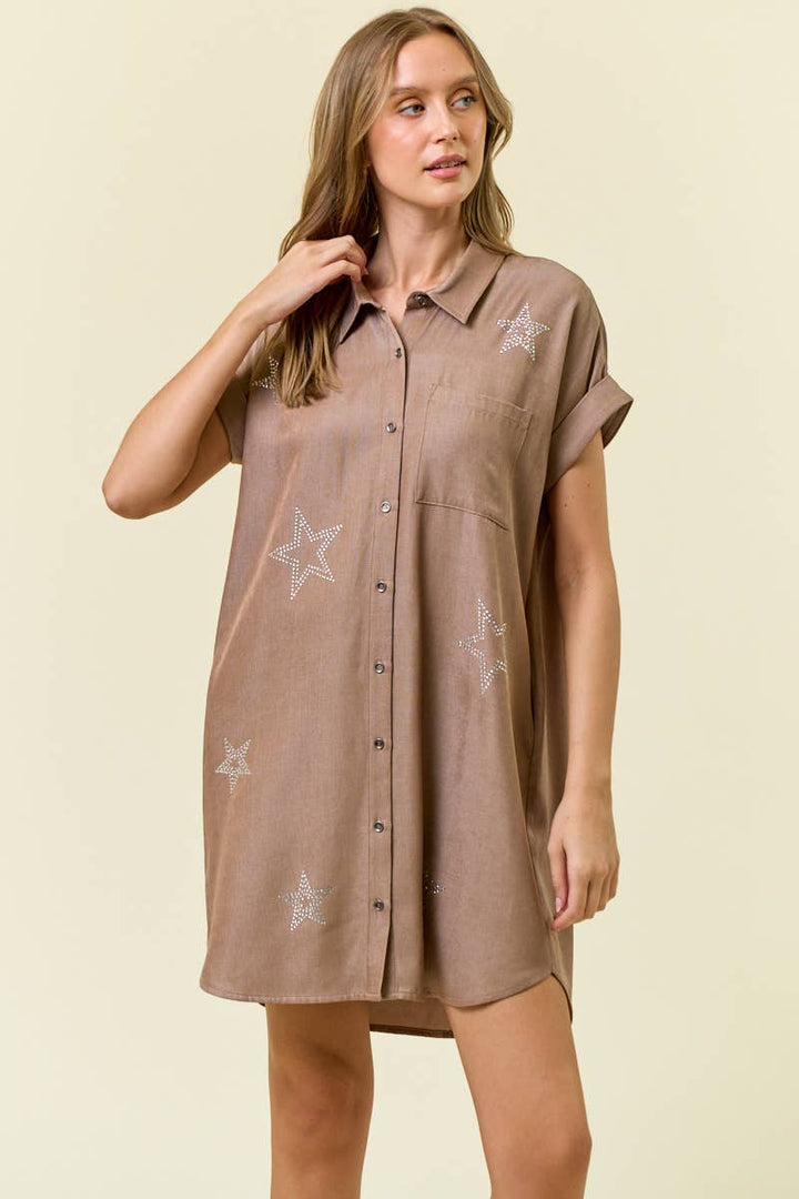 Doe and Rae - STAR STUDDED TENCEL SHIRT DRESS - 28102D: INDIGO / S