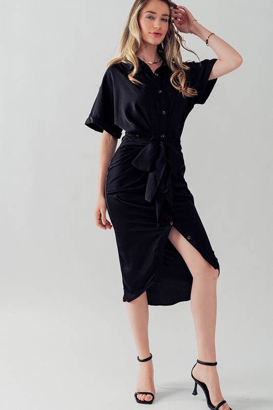 WAIST TIE BELT MIDI SHIRT DRESS: TEAL