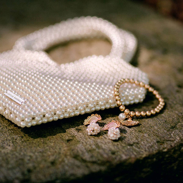 Brigitte French Fan & Pearl Charm Ball Bead Stretch Bracelet in Worn Gold
