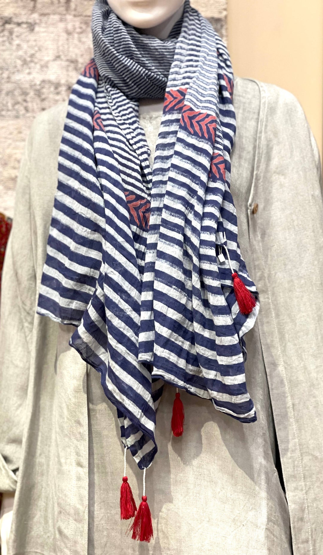Stripe Cotton Scarf Navy