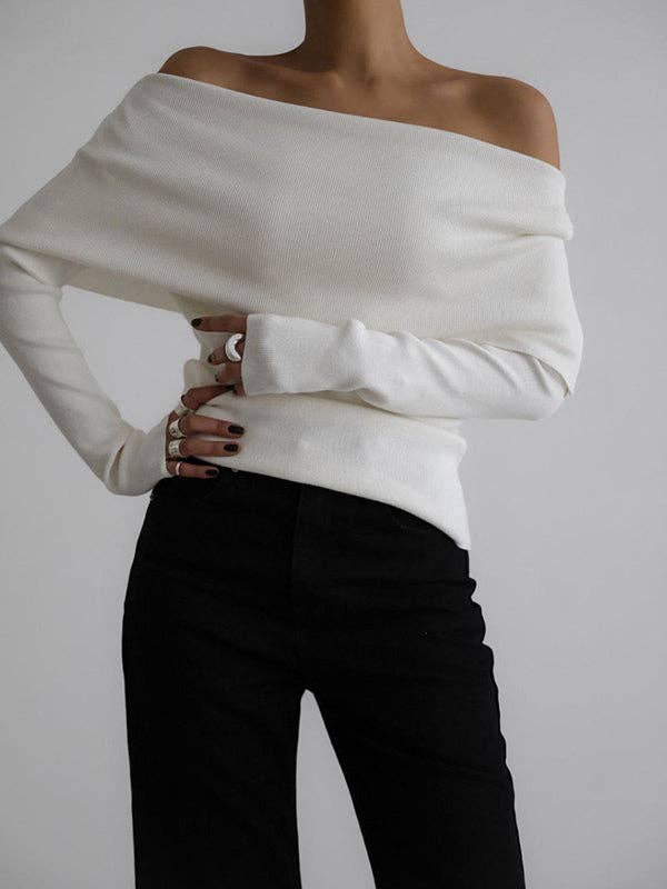 Off-The-Shoulder Sweater Tops: BLACK / M
