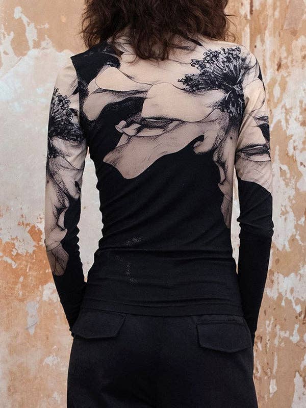 Flower Print Moc Neck BLACK / XL