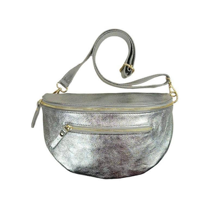 Large Italian Leather Waist Bag: Silver