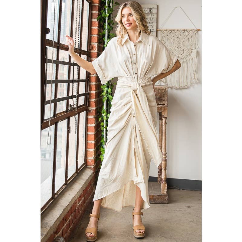 TIE WAIST BUTTON DOWN SHIRT DRESS; NATRL