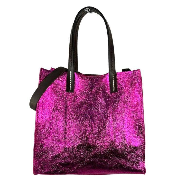 Shiny Leather Shopper Bag: Black