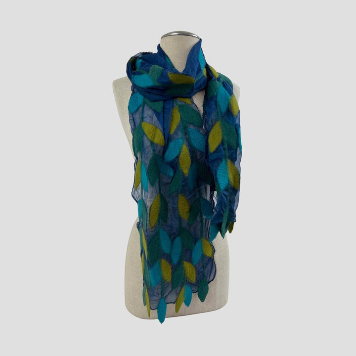 Leaf Merino Wool Handmade Felt Scarf: Tur-Green