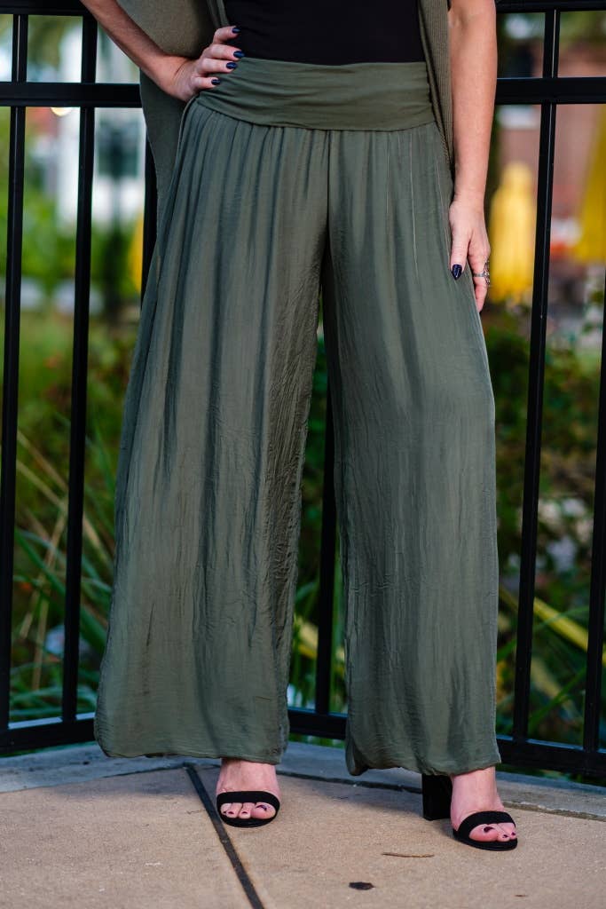 Foldover Waist Silk Pant (PL203):Army
