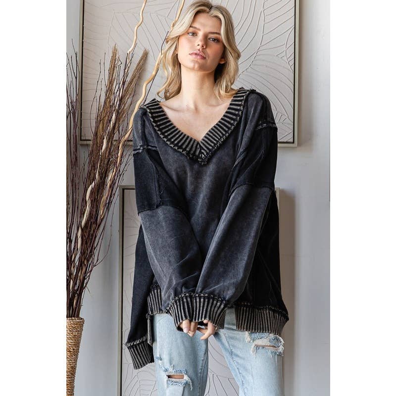 WIDE V NECK L/S TOP: BLACK