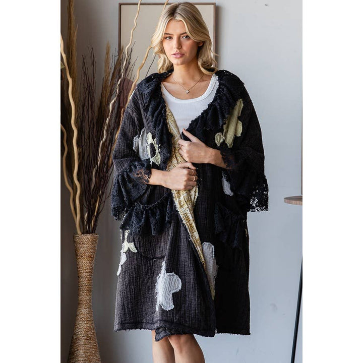 FLOWER LACE RUFFLE DUSTER: BLACK