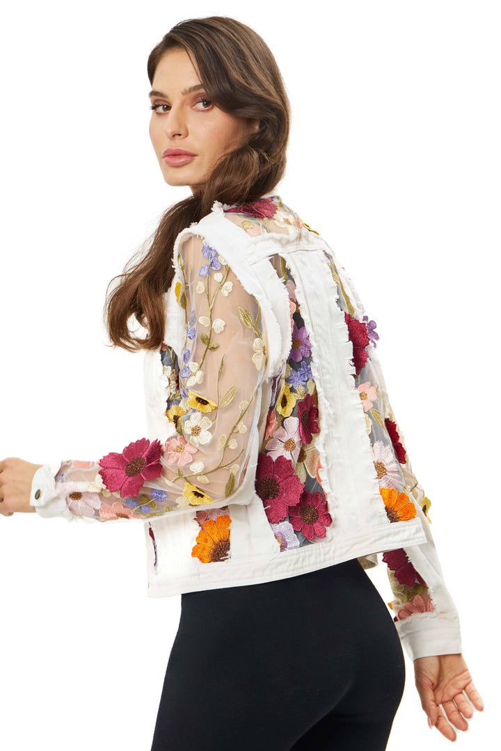 White Denim Jacket with Floral Embroidery: XL