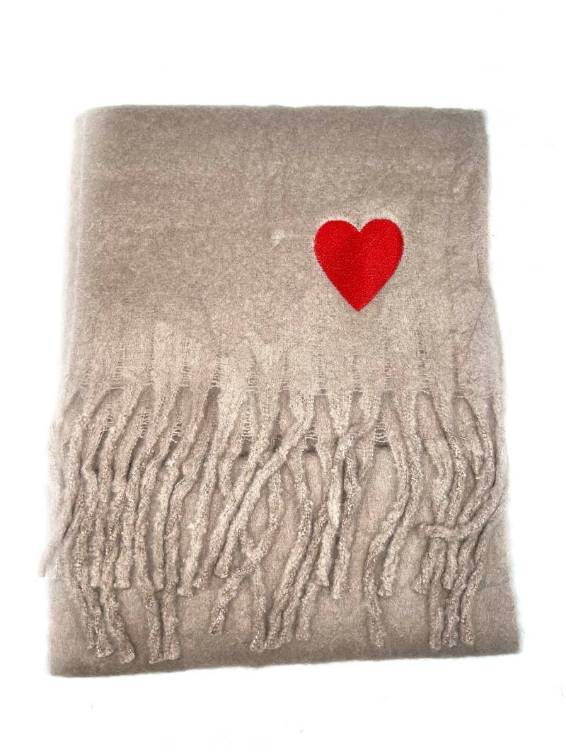 Big fringe scarf with embroidered heart : White