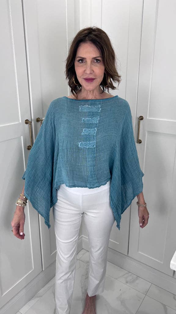 Hallie Crinkle Linen 3/4 Slv Top Turq