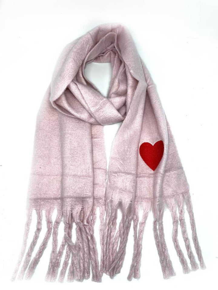 Big fringe scarf with embroidered heart : White