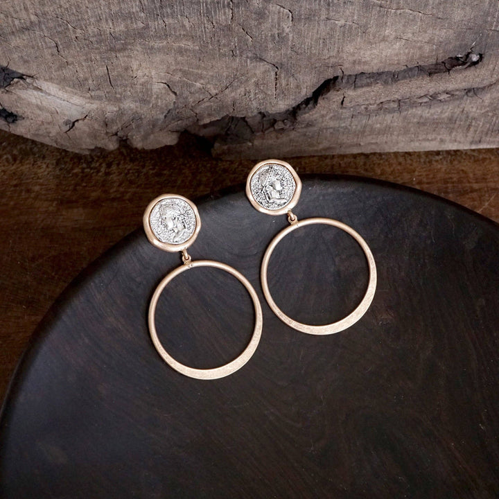 Coin and Hoop Earrings :Silver Tone