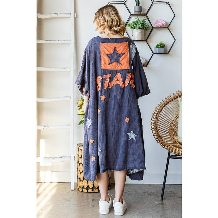 STAR BUTTON FRONT DUSTER: BLUE