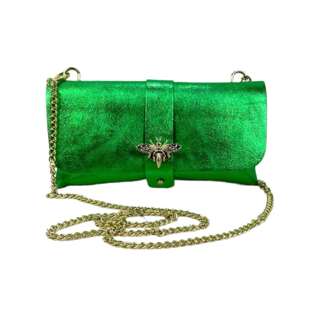 Leather Party Bag with Chain: Bottle Green