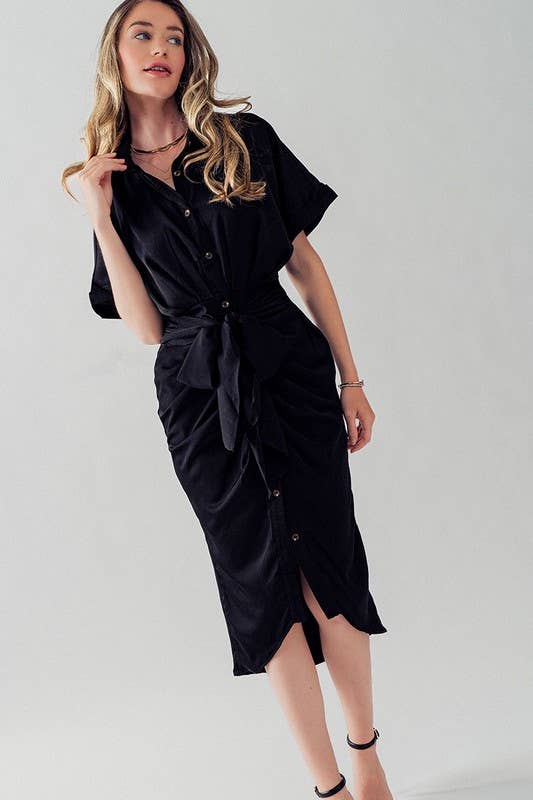 WAIST TIE BELT MIDI SHIRT DRESS: TEAL