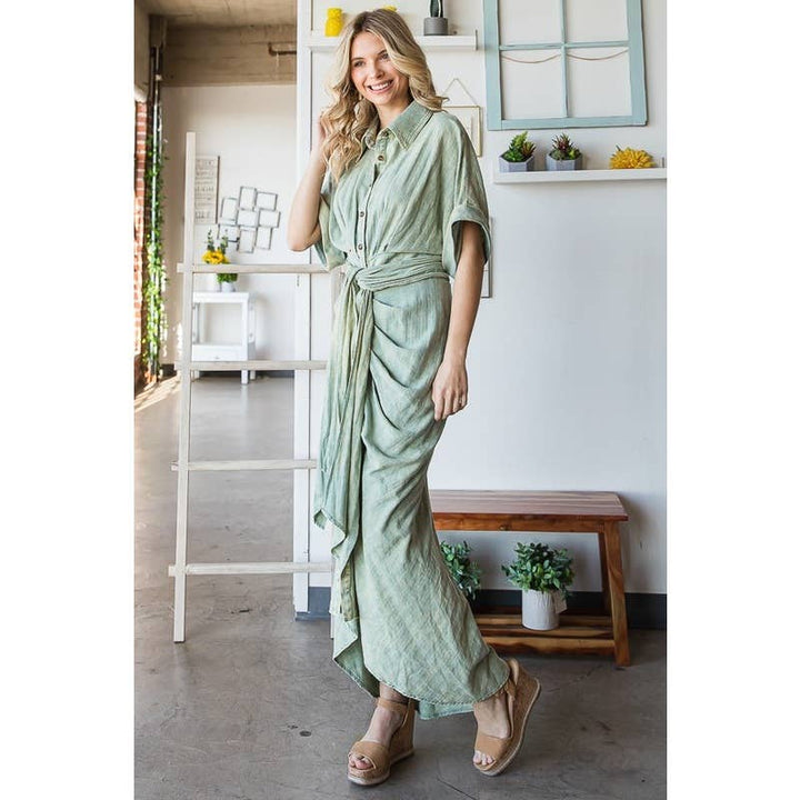TIE WAIST BUTTON DOWN SHIRT DRESS; NATRL