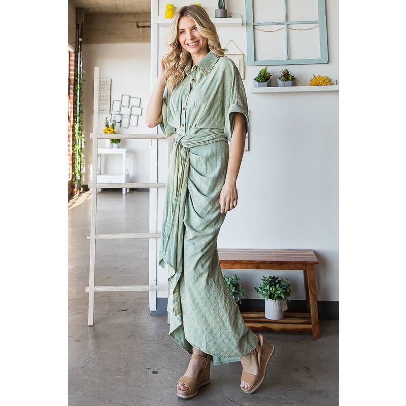 TIE WAIST BUTTON DOWN SHIRT DRESS: MINT