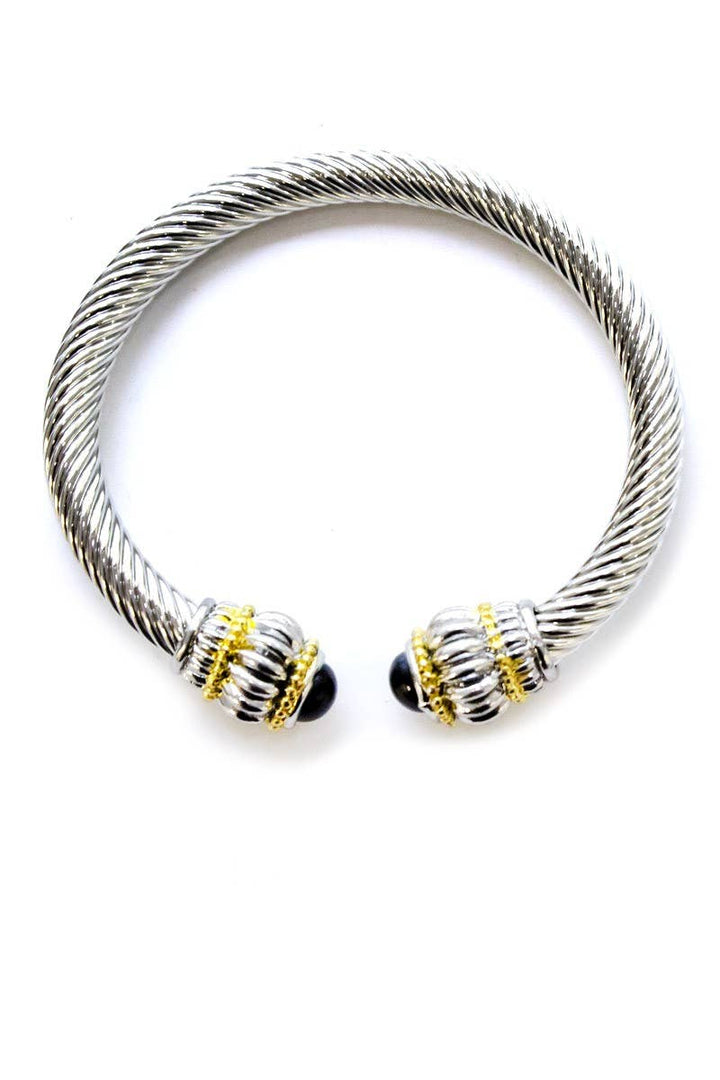 Two Tone Bangle Cuff Bracelet: Silver / Pearl