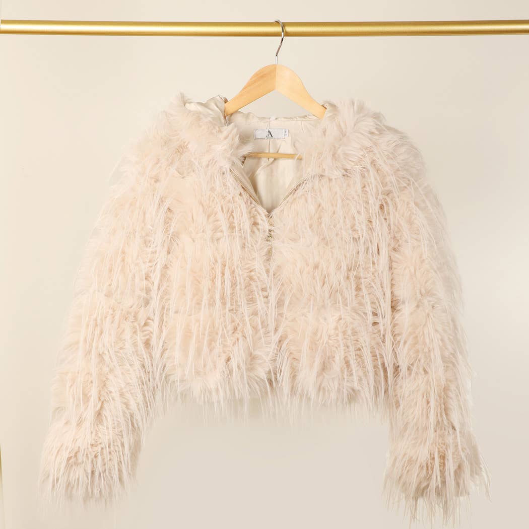 Faux Fur Zip Jacket: Beige / L/XL