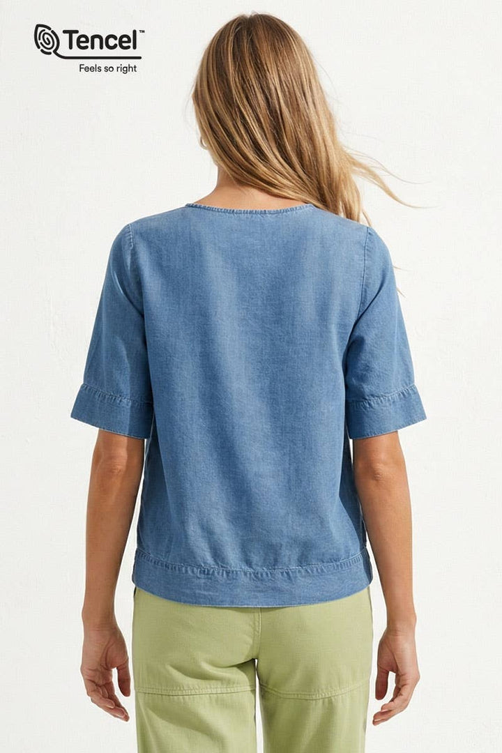 V-Neck Band Blouse: Dark Blue / M