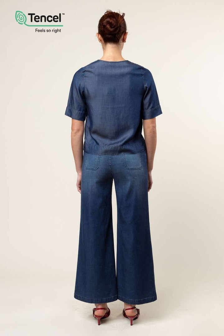 V-Neck Band Blouse: Dark Blue / M