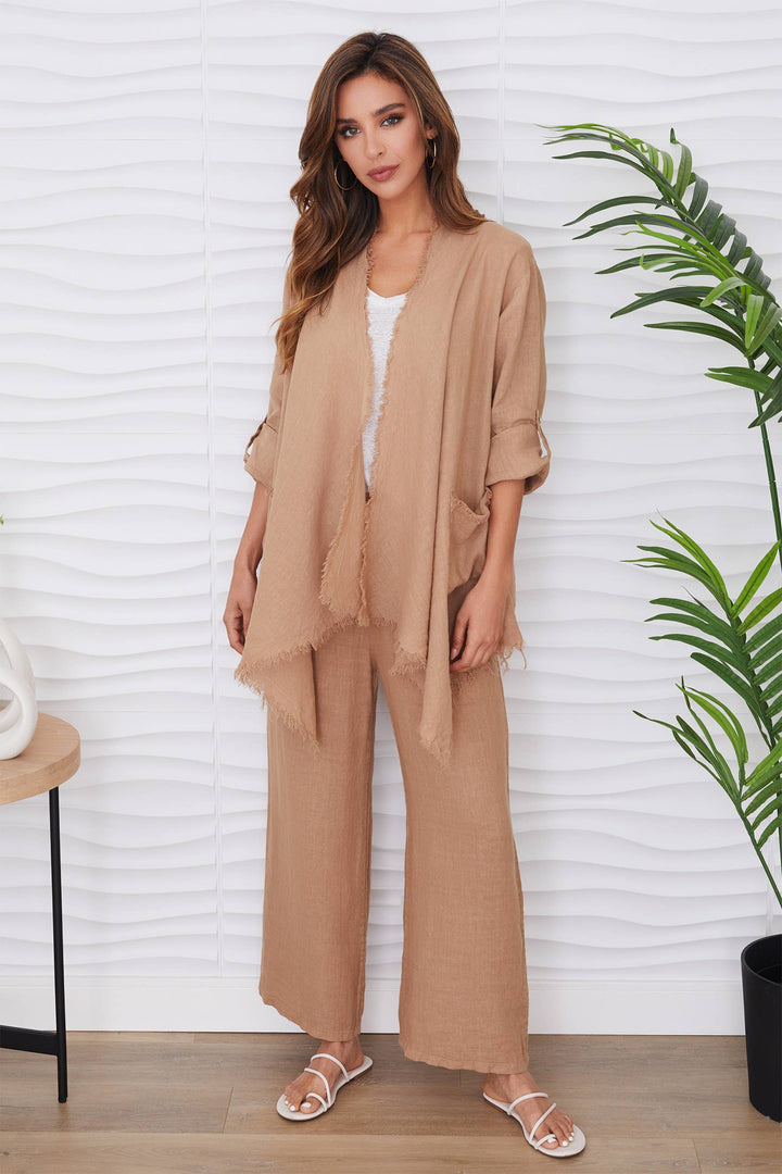 LINEN ASYMMETRICAL CARDI: Beige / L