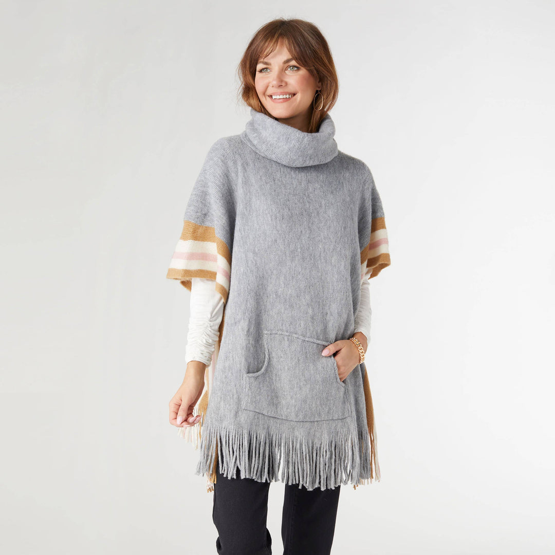 Poncho with Border Stripes: Grey / One Size