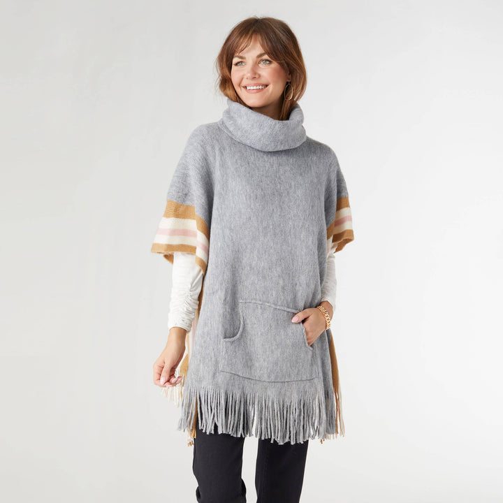 Poncho with Border Stripes: Grey / One Size