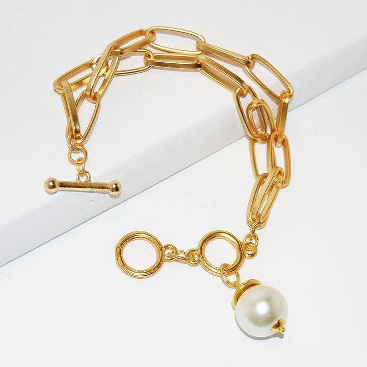 Cable Chain Bracelet with Pearl Charm: Gold