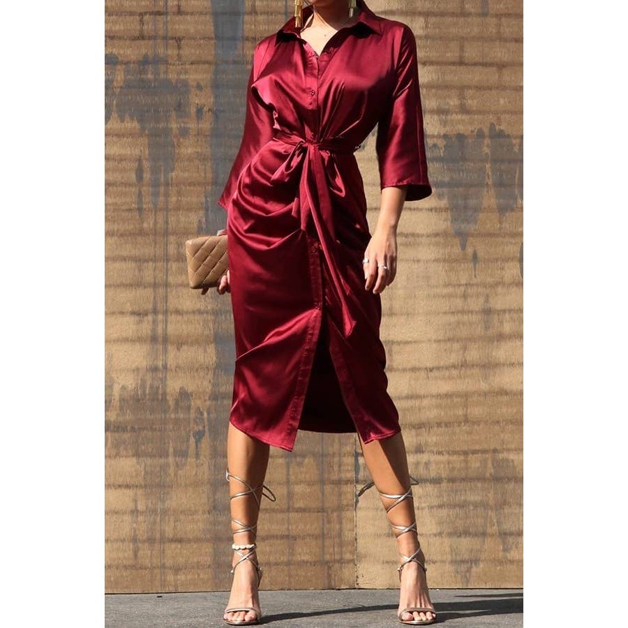 SATIN DRESS WITH WAIST TIE: TEAL / L