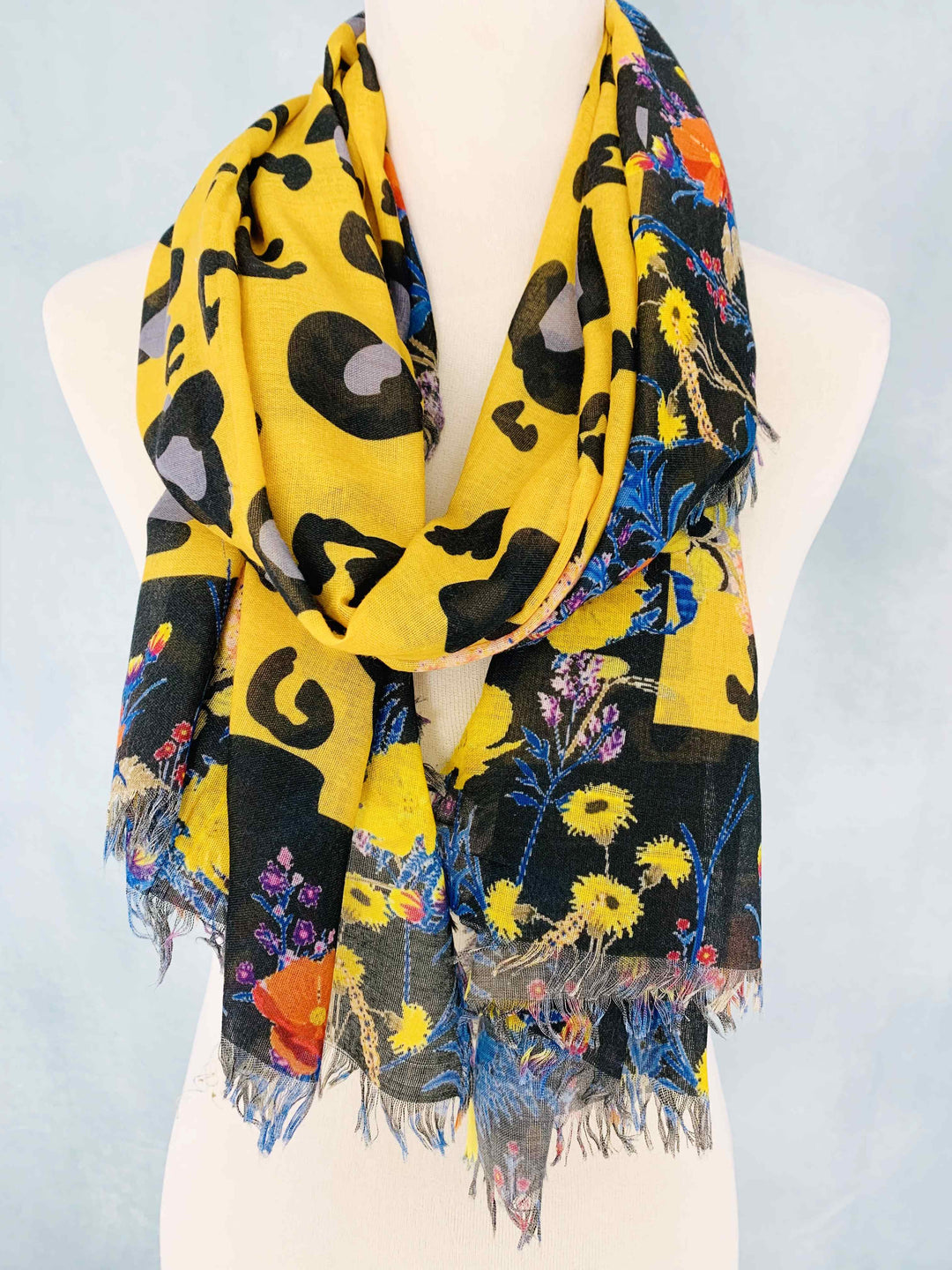 Leopard & Floral Border Scarf/Shawl: Yellow