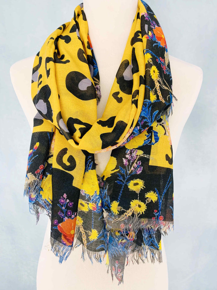 Leopard & Floral Border Scarf/Shawl: Yellow