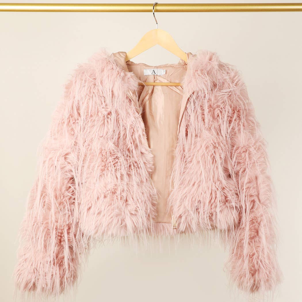 Faux Fur Zip Jacket: Beige / L/XL