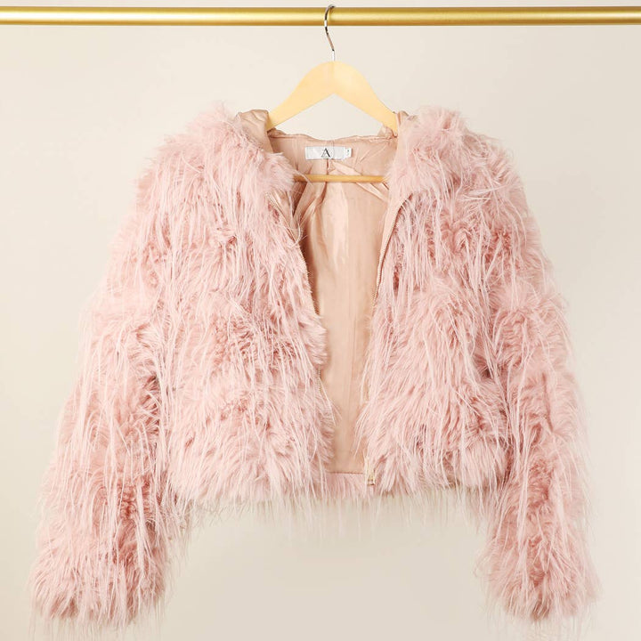 Faux Fur Zip Jacket: Beige / L/XL