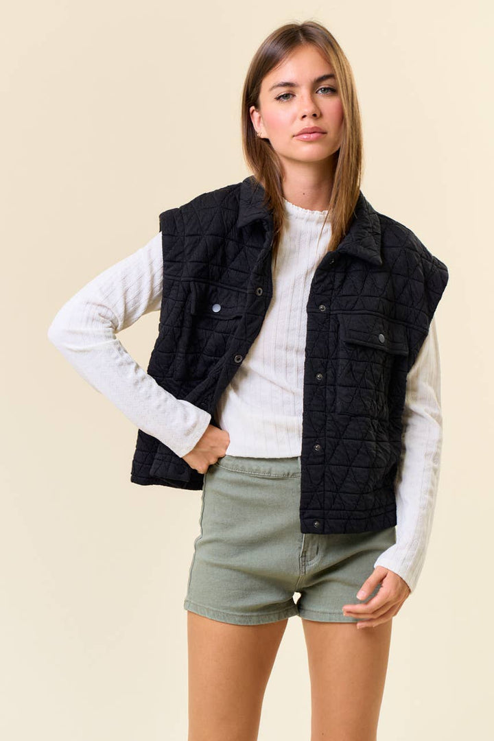 Doe and Rae - QUILTED POINT COLLAR FLAP PATCHED POCKET VEST - 10626J-1: OAT / S