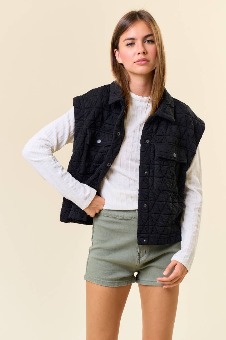 Doe and Rae - QUILTED POINT COLLAR FLAP PATCHED POCKET VEST - 10626J-1: OAT / M