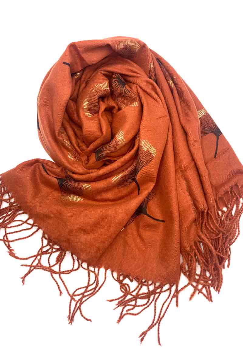 Gingko Leaf Pattern Soft Scarf: Ecru
