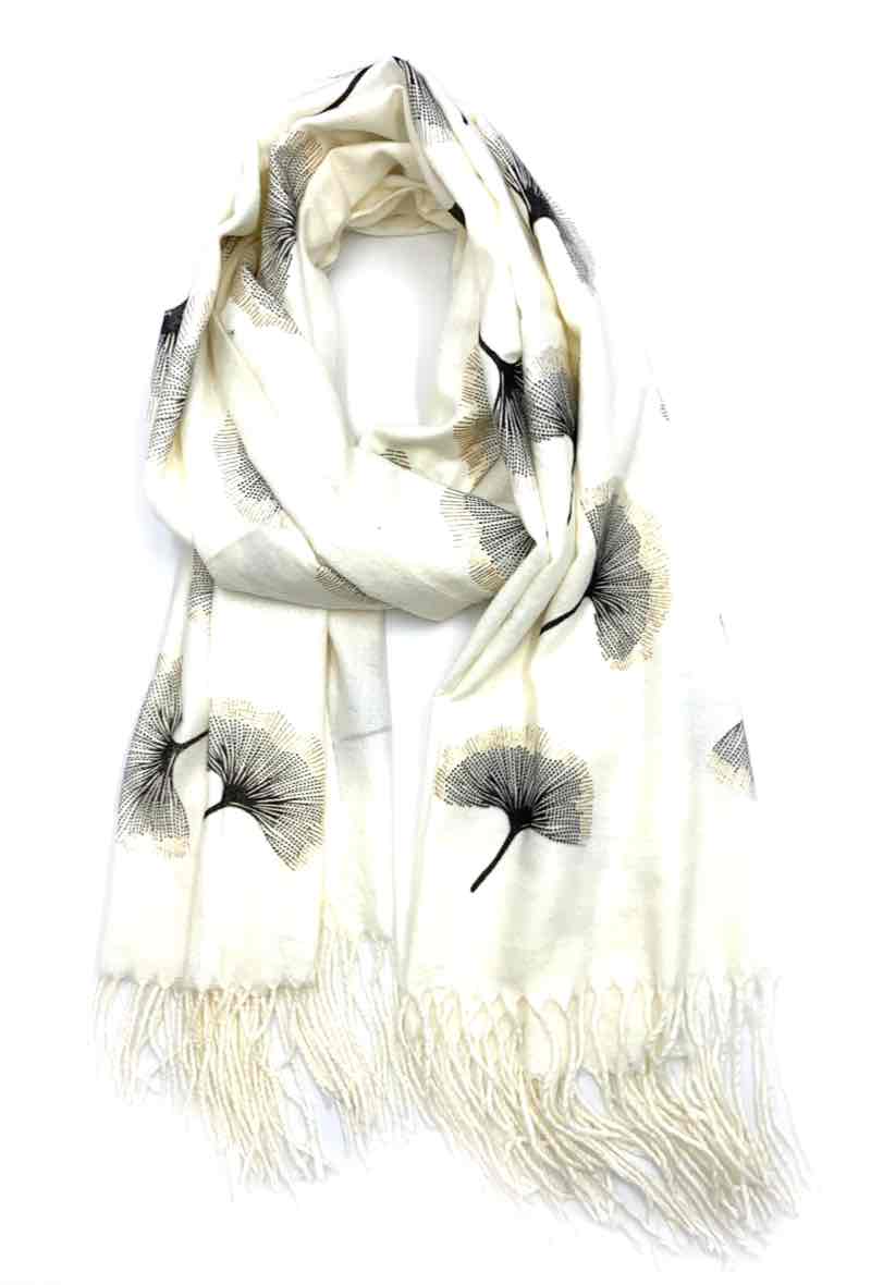 Gingko Leaf Pattern Soft Scarf: White