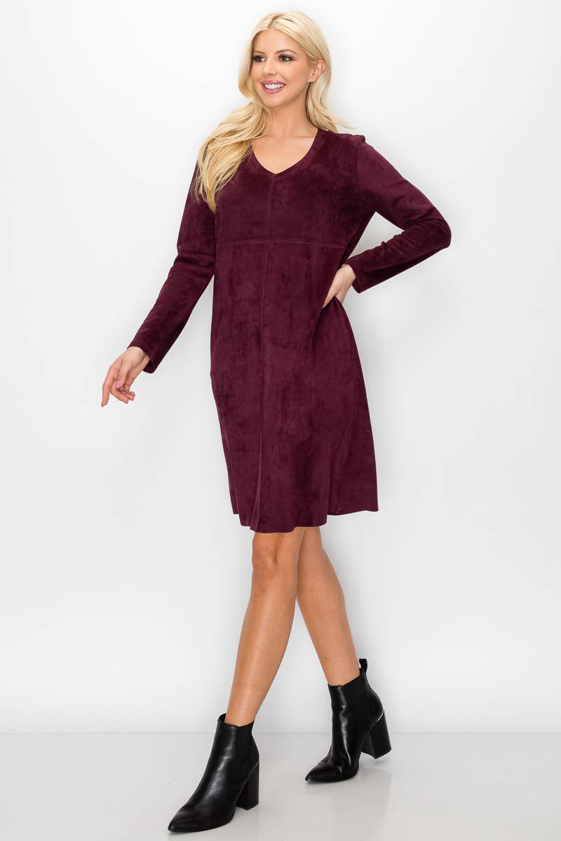 Aurora V-Neck Suede Dress: MAHOGANY / M / 2059V