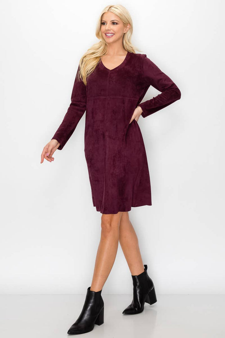 Aurora V-Neck Suede Dress: BLK / M / 2059V-NP