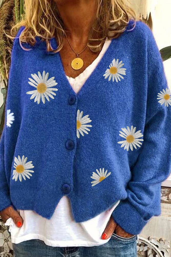 Daisy Pattern V-neck Cardi: Black / S