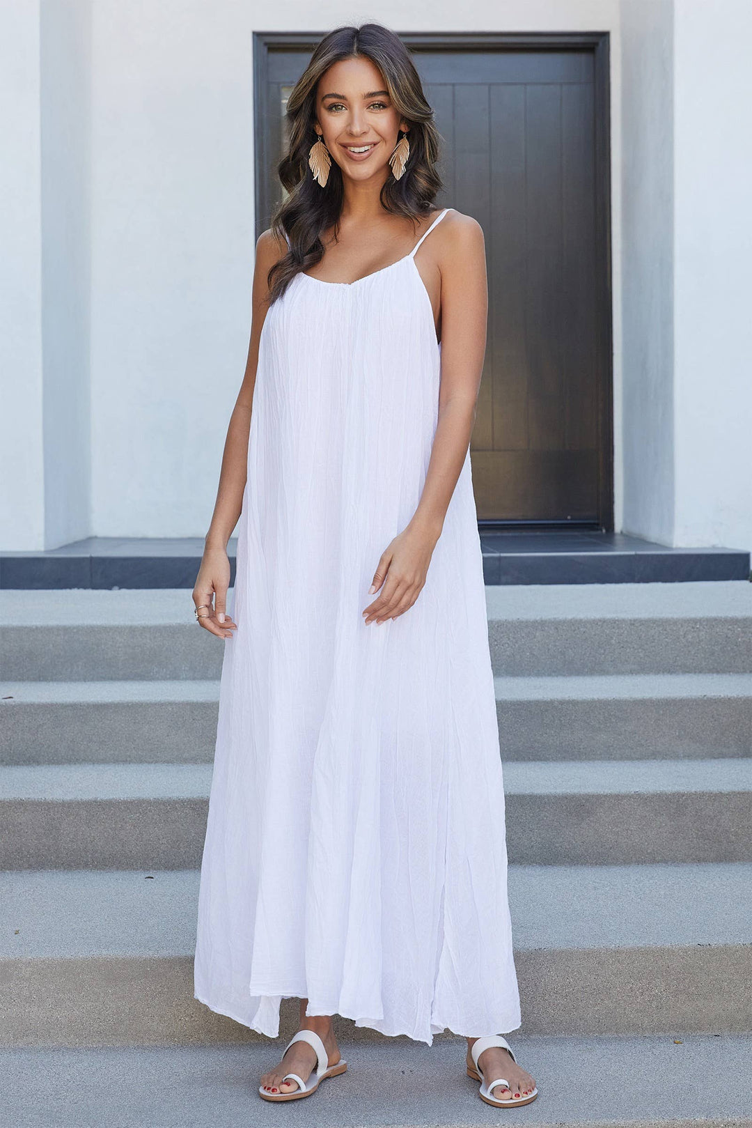 GAUZE MAXI DRESS: White / M