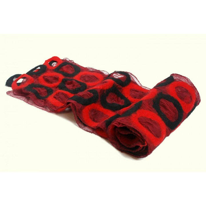 Red and Black Circle Felted Red Chiffon Scarves