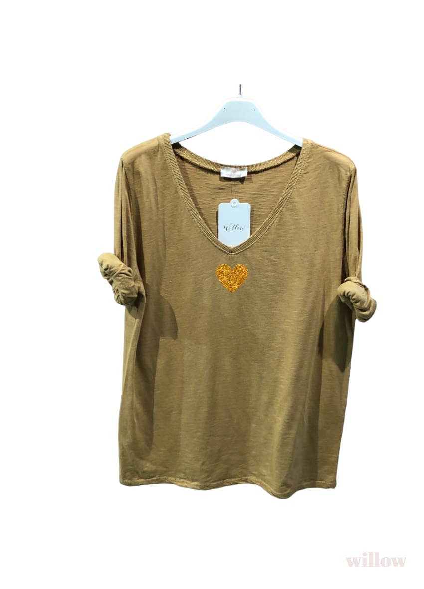 Gold heart long sleeve lurex collar top: Jeans