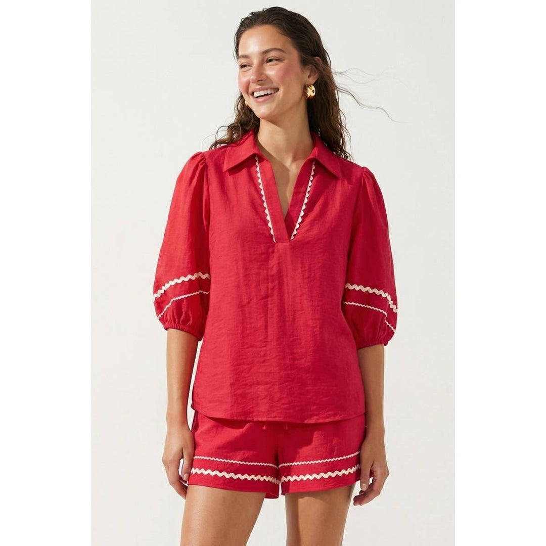 Puff Sleeve Linen Blouse: Navy / S