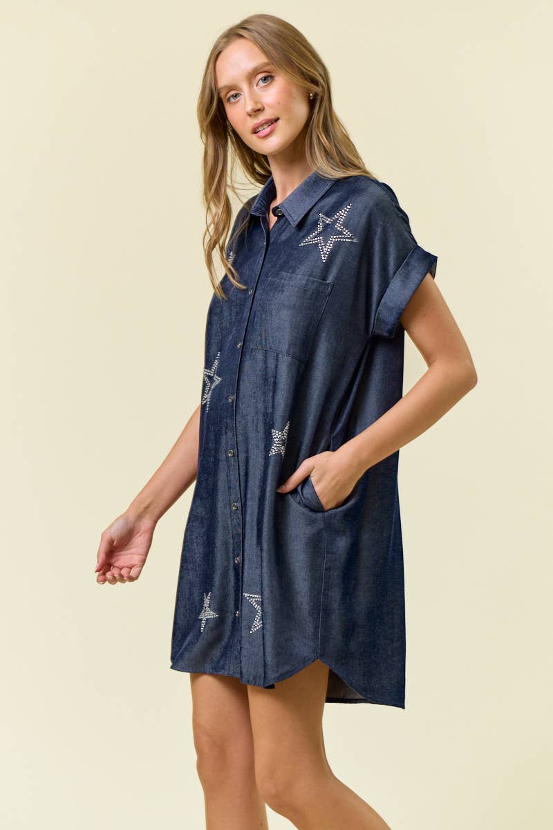 Doe and Rae - STAR STUDDED TENCEL SHIRT DRESS - 28102D: INDIGO / L